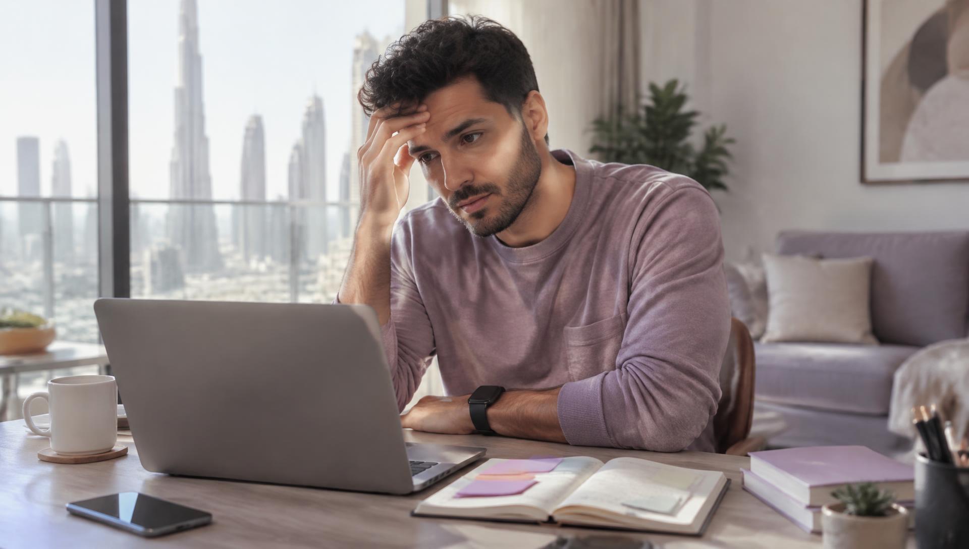 An adult at a desk in Dubai looking thoughtful while trying to focus on work