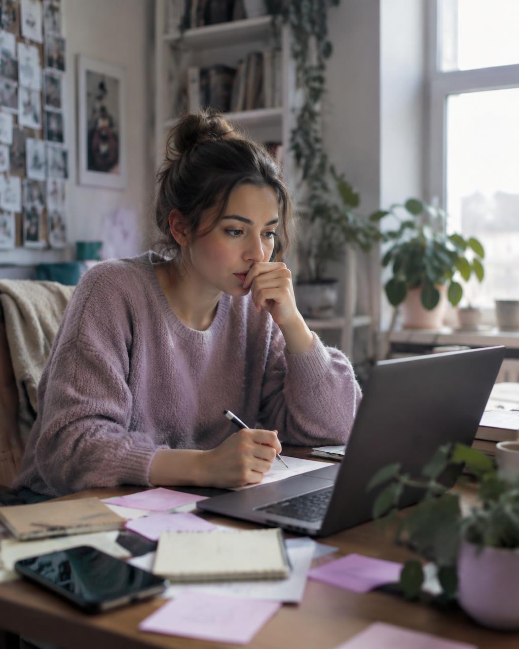 An adult at a cluttered desk with notes and a laptop, struggling to stay focused